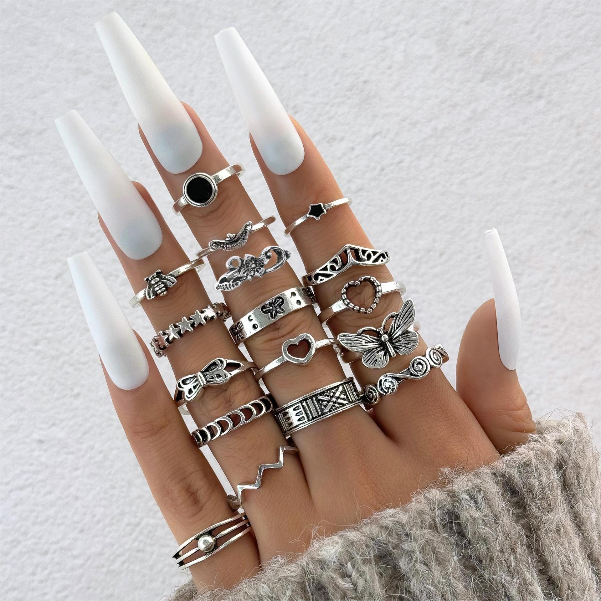 Wholesale Hollow Geometric Black Gemstone Ring Set